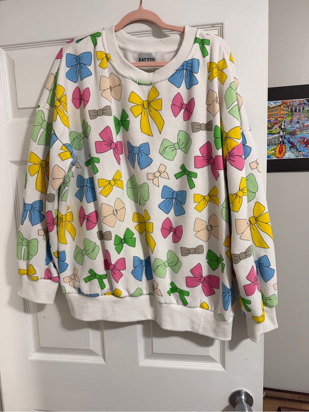Katydid White Crewneck Sweater with Multicolor Bow Print